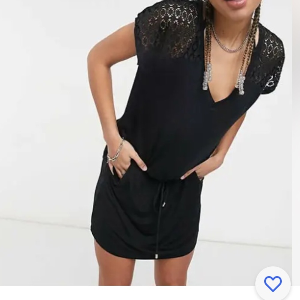 Calvin Klein Black Crochet Shoulder Lace Tunic Swim Cover Up Mini Dress #IH